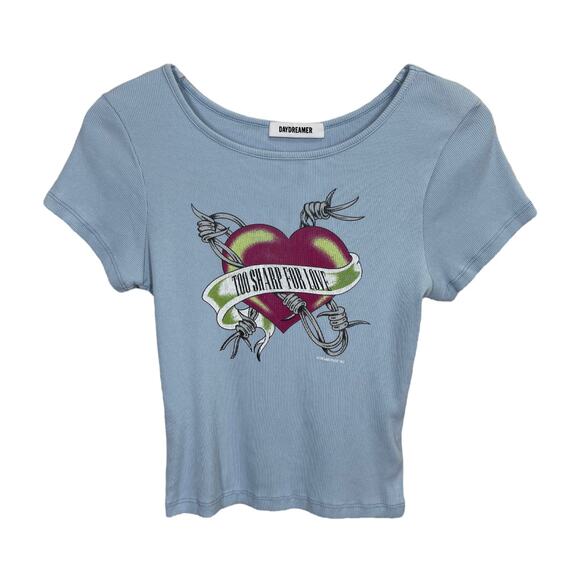 Daydreamer Too Sharp To Love Baby Tee Large Ribbed Graphic Heart Tattoo Grunge - Picture 2 of 5